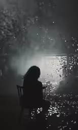 a woman sitting in a chair on a wet night