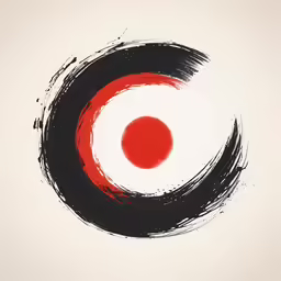 an abstract painting with black and red circles