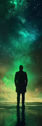 a man that is standing on some water,a man standing on the shore looking at the night sky and stars