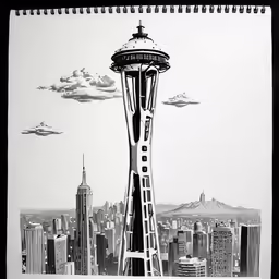 an artistic drawing of a space needle