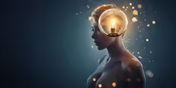 woman with light bulb as head portrait against dark background