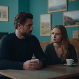 man and woman sitting at table in teal colored room