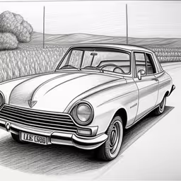 an ink drawing of a vintage car driving down the street,a drawing of an old car that is driving down the street