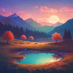 an artistic painting of a sunset over mountains,a landscape with mountains, trees, water and grass