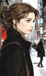 the image shows an illustration of a woman on a city street