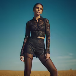 a young female model wears high - waisted shorts and a sheer crop top