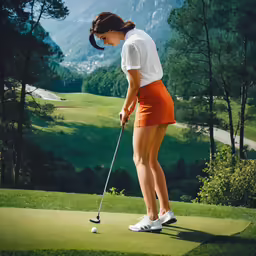 a woman is putting a golf ball in a hole
