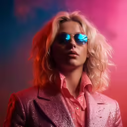 a blonde woman wearing a purple suit and blue glasses