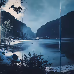 the landscape of an alpine lake looks calm as dark smoke comes from it