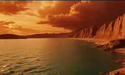 an orange sky with some clouds over a calm beach