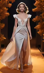 a model in a gown walks down the runway