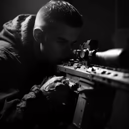 a man looking through the side of his rifle