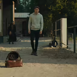 a young man in a park carrying his luggage