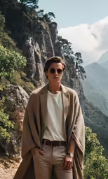 a man wearing sunglasses and a cape by a mountain