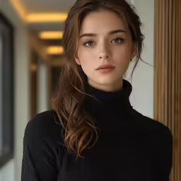 an attractive young woman with long hair is staring