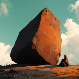 man sitting under giant boulder with a sky background