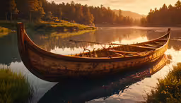 the long boat is on the shore of a lake,an old boat is sitting in the middle of a lake