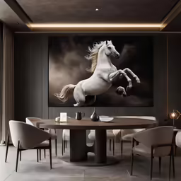 a white horse jumps over a round table