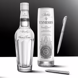 a pen and bottle of wine next to the glass