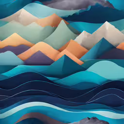 mountains, clouds and waves are on the blue background,the colorful mountain scenery is seen here in this painting