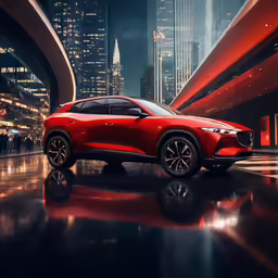 a red car is shown sitting in a city at night