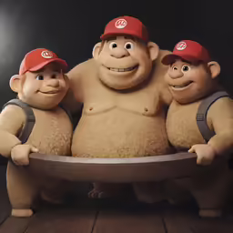 three very cute looking figures holding a large object