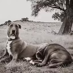 two dogs are resting under the tree and in the grass