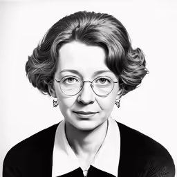 a black and white photo of a woman with glasses