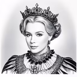 a black and white photograph of a woman with a crown