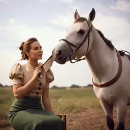 a woman in dress holding the bridle of a white horse