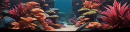 some red algaes and other aquatic life at the bottom of an aquarium