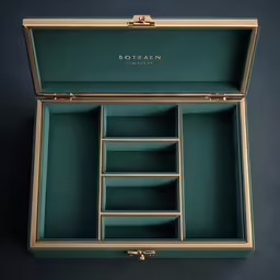 a large open box containing compartments with the contents inside
