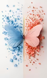 two sections with blue and orange butterflies facing one another