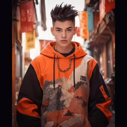 boy with black and orange hoodie in the middle of an urban street