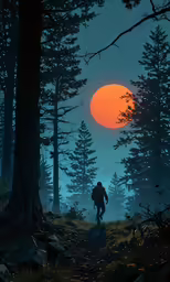 the silhouette of a man in the woods