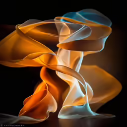 a painting of an orange, yellow, blue, and gray swirl