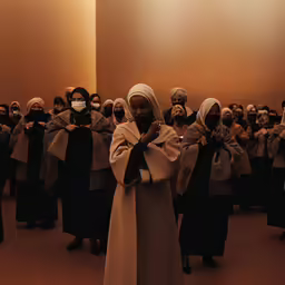 an african woman is standing in front of a group of people wearing surgical masks
