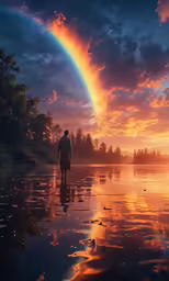a man standing in the water looking at the sunset