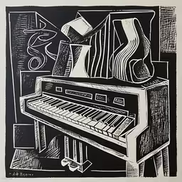 abstract black and white ink drawing of an old fashioned musical instrument,an abstract drawing of a piano, and a chair