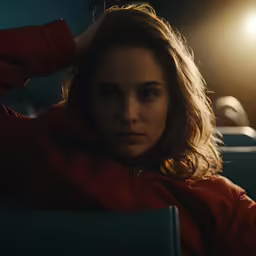 a woman in a red coat sits on the floor