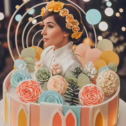 a woman is standing in front of a decorated cake