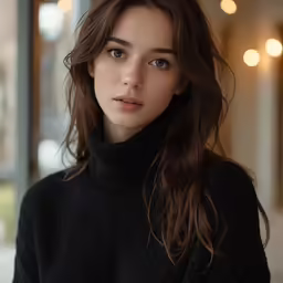 a young woman with very blue eyes in black turtleneck sweater