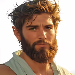 a close up photo of a bearded man wearing a vest