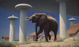 a large elephant standing near large pillars with a roof of thatched roof