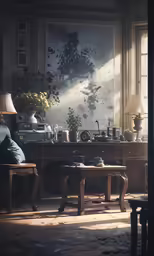a living room with various plants on the table