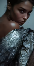 a woman posing in a silver dress