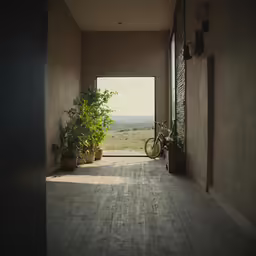 bicycle leaning up against the wall at the door to a large open space