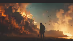 the man is standing by the fire and it looks like he is watching something