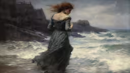 a painting of a woman on the beach,a painting of a woman in a gray dress