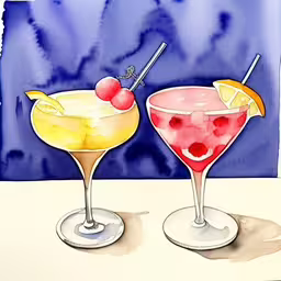 two different types of alcoholic drinks sitting on top of a table,two drinks next to each other on a white table